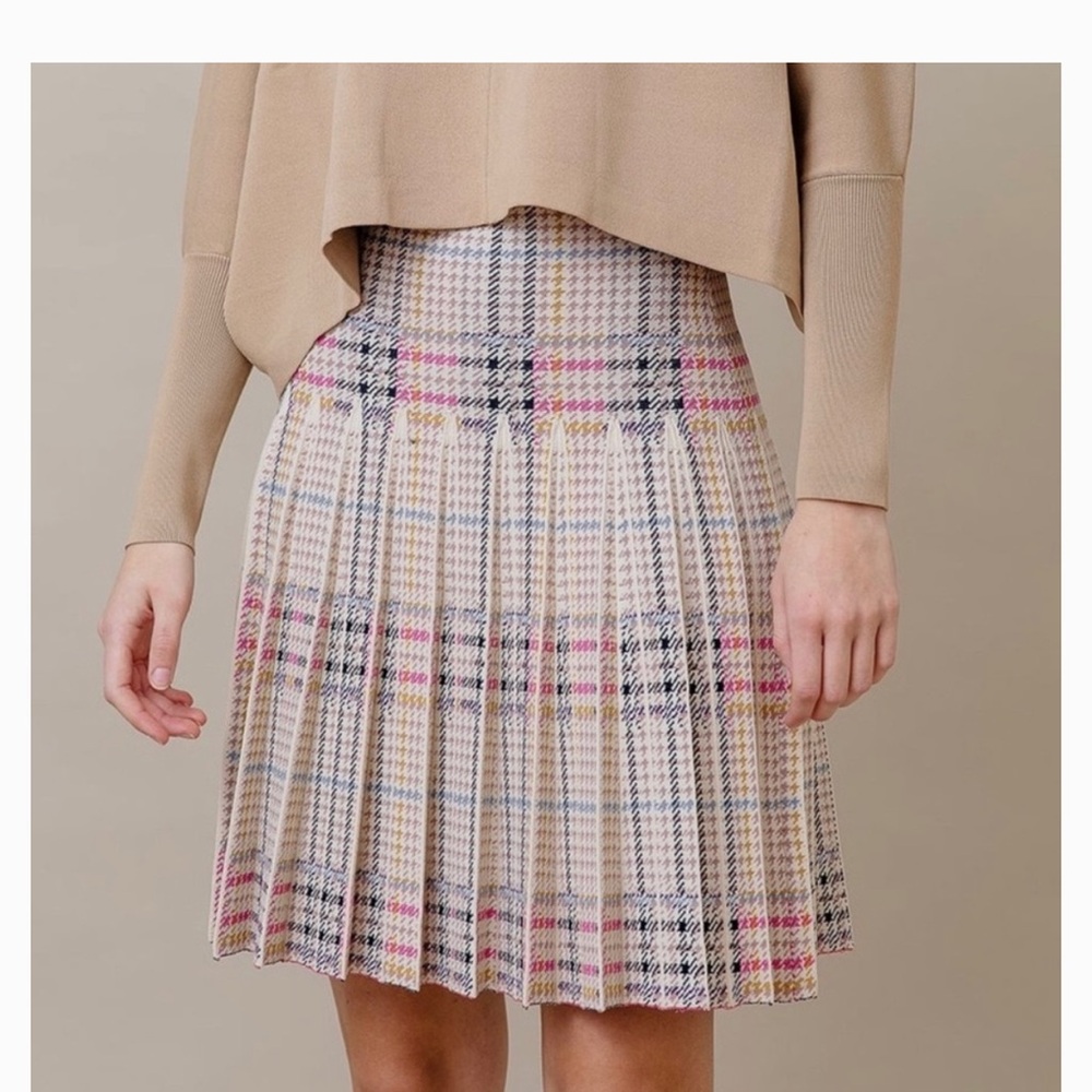 Apparalel Pleated Plaid Knit Skirt — Beige with Pink & Blue Accents
